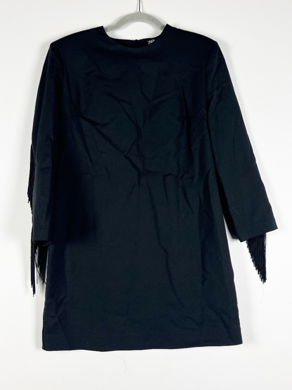 NEW Zara Shoulder Pad Long Sleeve Structured Fringe Detail Shift Mini Dress S